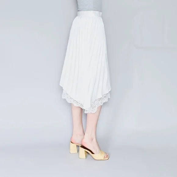 CALVIN LUO Lace Hem White Satin Pleated Skirt NWT L - Picture 4 of 7